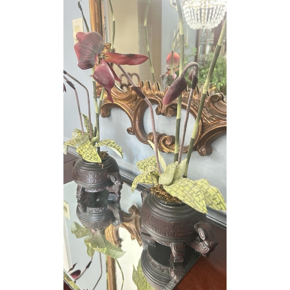 Pair Of Faux Burgundy Orchids in Chinese Resin Footed Bowl 21"